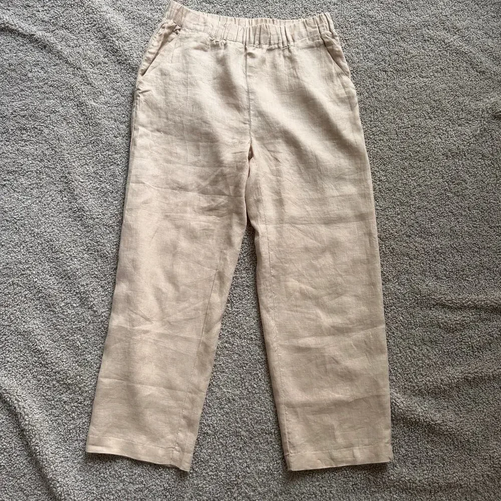 NWT Quince 100% European Linen Driftwood Beige Tan Pull On Pants Size Small